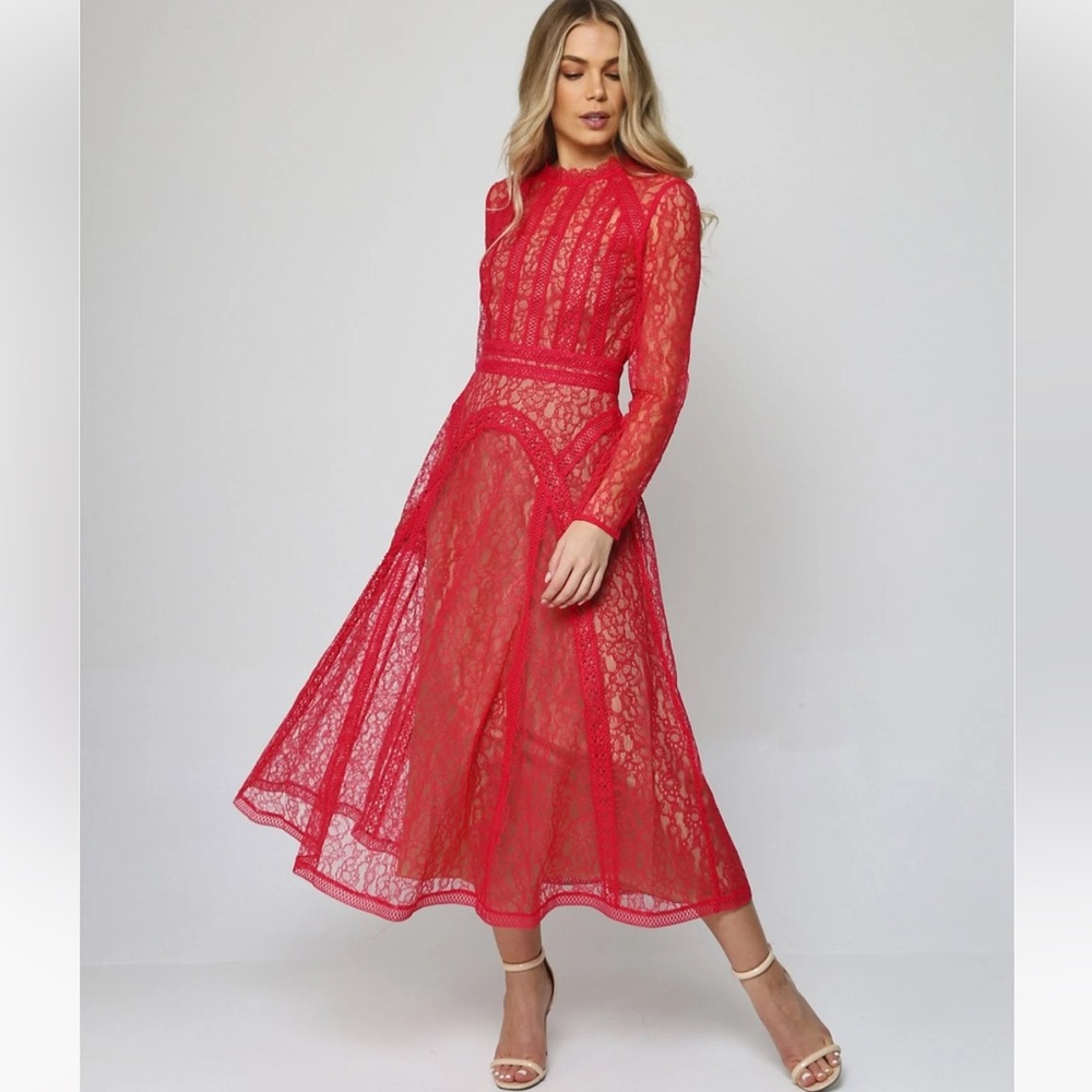 Self Portrait Long Sleeve Lace Panel Midi Dress - NWT UK size 10